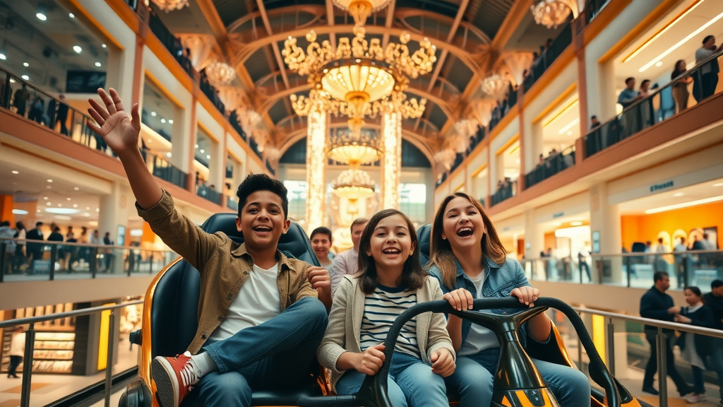 grand mall of qatar indoor shopping atrium families riding indoor roller coaster modern architecture vibrant lights shoppers