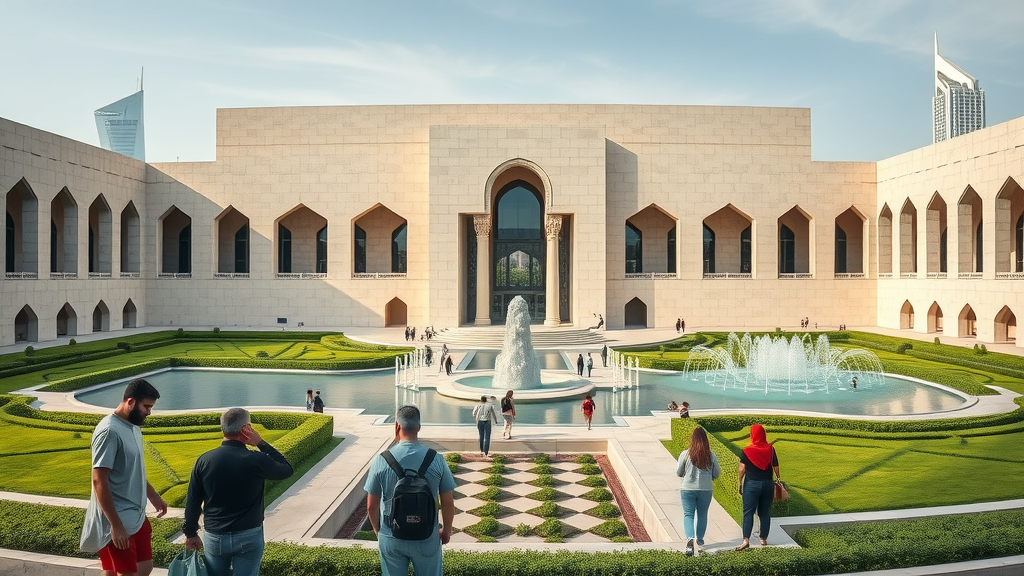 Striking Museum of Islamic Art in Doha, tourists admiring architecture and strolling through gardens and fountains. museum of islamic art doha tourist attractions