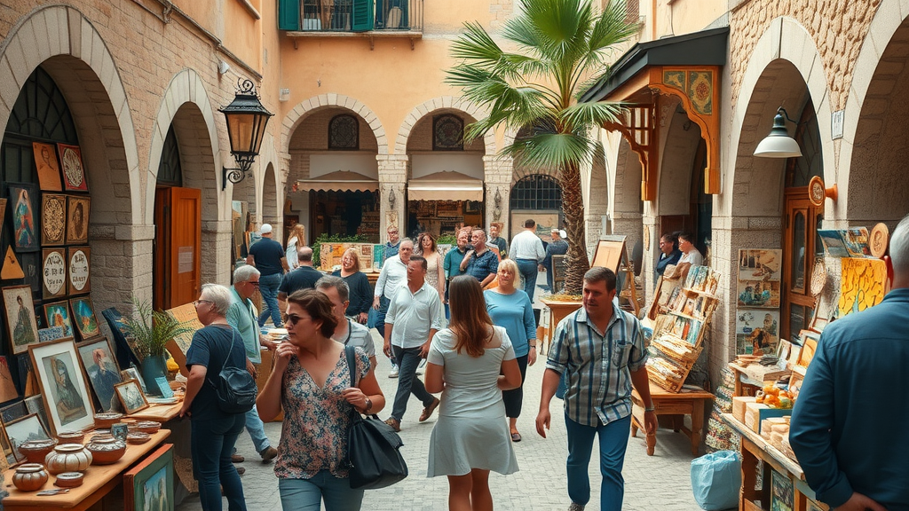 artistic open air katara cultural village marketplace artists visitors browsing colorful crafts mediterranean village square artisan stalls