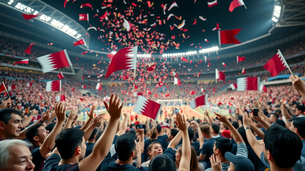 vibrant stadium crowd enjoying Qatar sports news; night-time stadium with Qatari flags; excitement and confetti in air; stadium floodlights—Qatar sports news game-day atmosphere