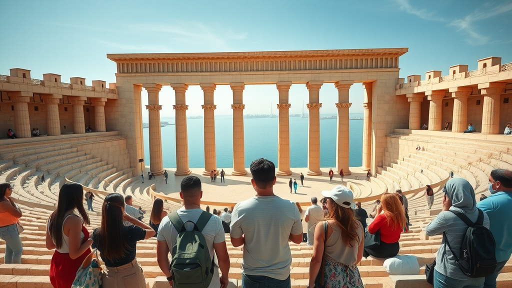 majestic Katara Amphitheatre, visitors admiring architecture, sculpted stone seats and Gulf waters in background, doha sightseeing