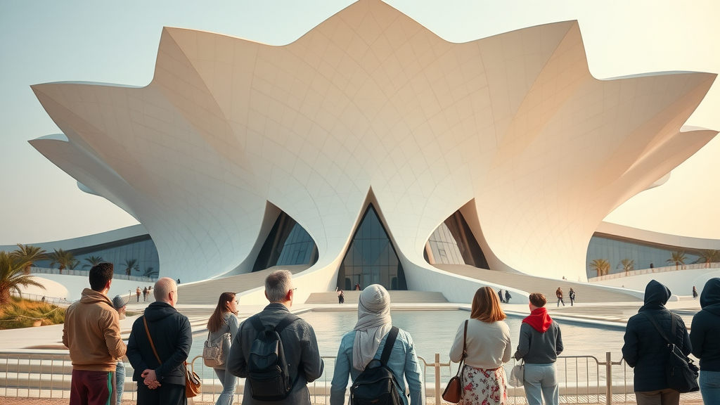 futuristic National Museum of Qatar, awe-struck visitors, petal-shaped exterior, modern landscape, doha sightseeing