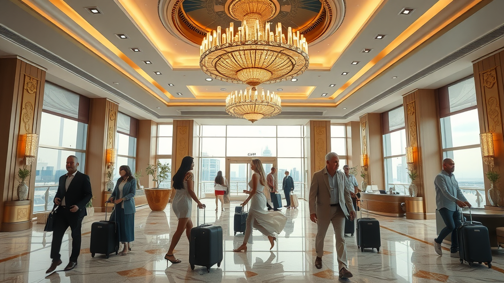 Opulent luxury hotel lobby in Doha, elegant travelers and grand city views – guide doha