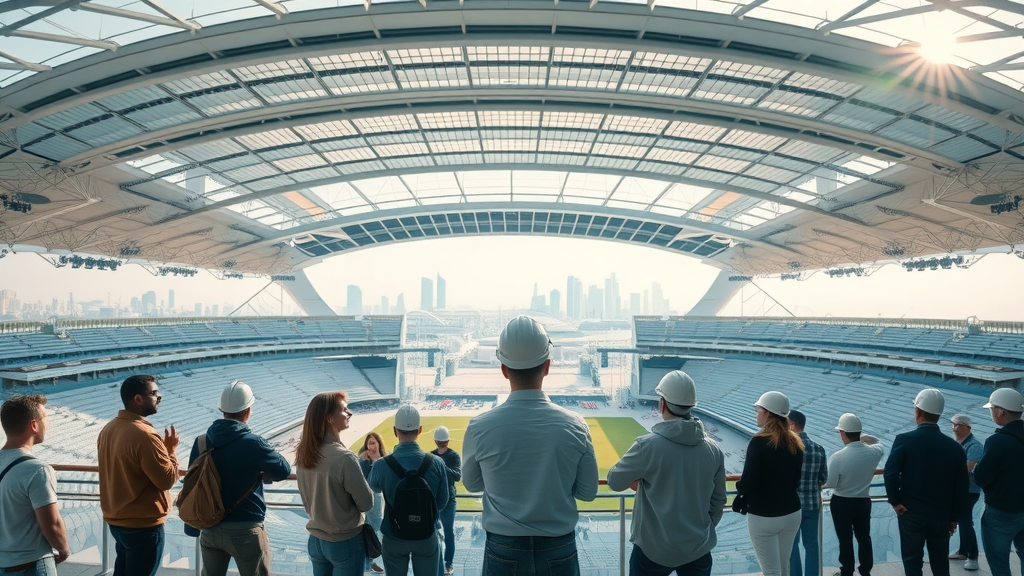 Qatar World Cup updates: majestic modern stadium, awe-inspired visitors, Doha cityscape, highly detailed, stadium glass