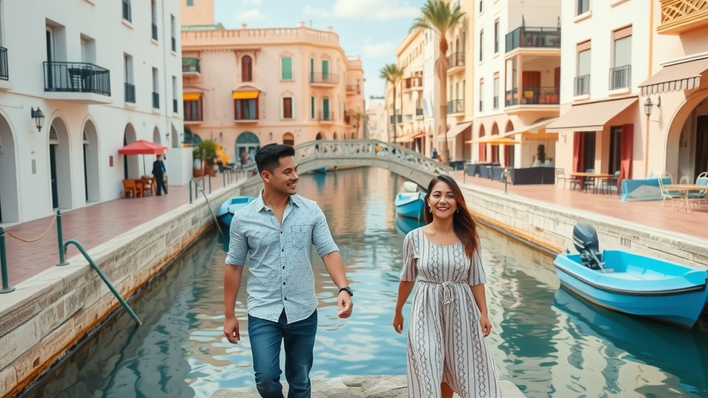 picturesque Qanat Quartier canals, couples walking by pastel buildings, cheerful scene with bridges and outdoor cafés, doha sightseeing