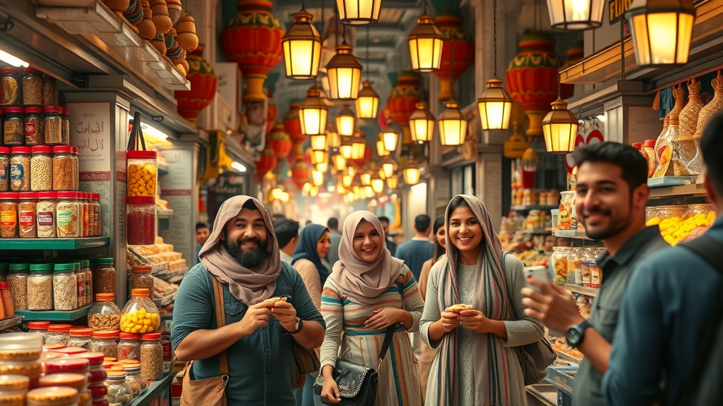 Lively Souq Waqif market, animated shopkeepers and tourists sampling spices and sweets, vibrant bazaar alley filled with colorful stalls
