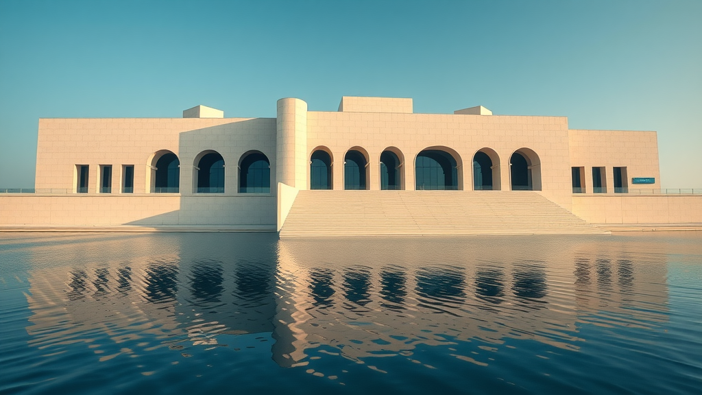 Doha things to do - Museum of Islamic Art architectural façade and tranquil Corniche reflections