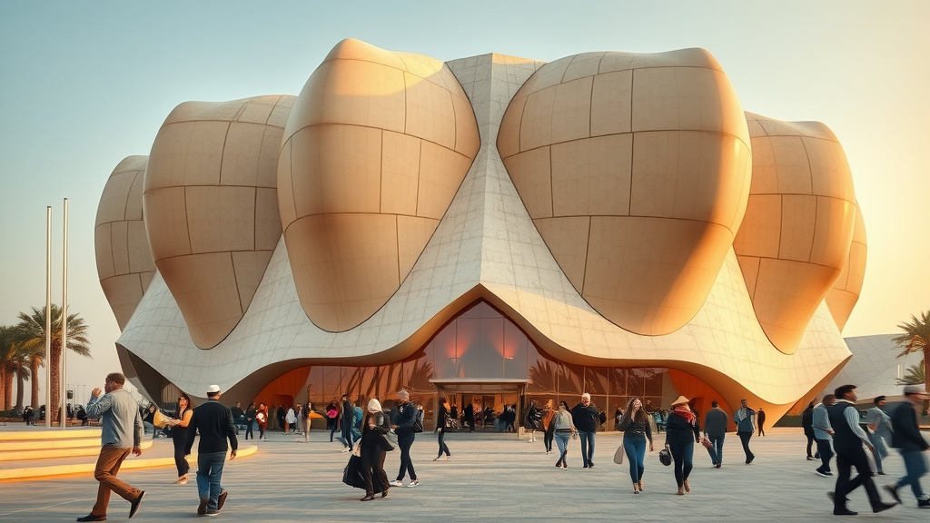 Futuristic desert rose-shaped building exterior, National Museum of Qatar, iconic architecture with sand-colored panels and glass.
