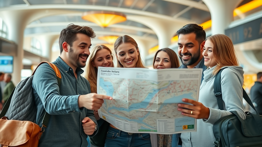 Travelers exploring Doha attractions, places to visit in Doha, airport scene, Arabic architectural accents, photorealistic