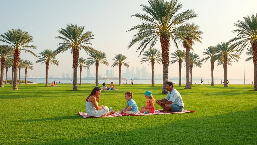 Serene MIA Park near Museum of Islamic Art Doha - green space with picnicking families and Doha skyline