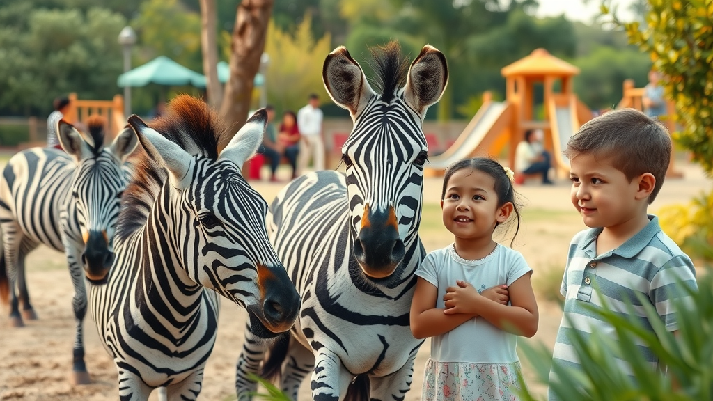 Curious children observing zebras, families relaxing by playgrounds, Al Khor Park, nature-focused family fun, lush greenery and wildlife in Doha