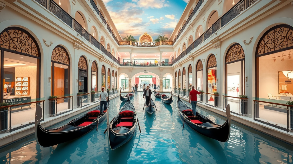Elegant interior of Villaggio Mall in Doha with shoppers along Venetian canals, luxury shops, and painted sky ceiling. villaggio mall doha tourist attractions