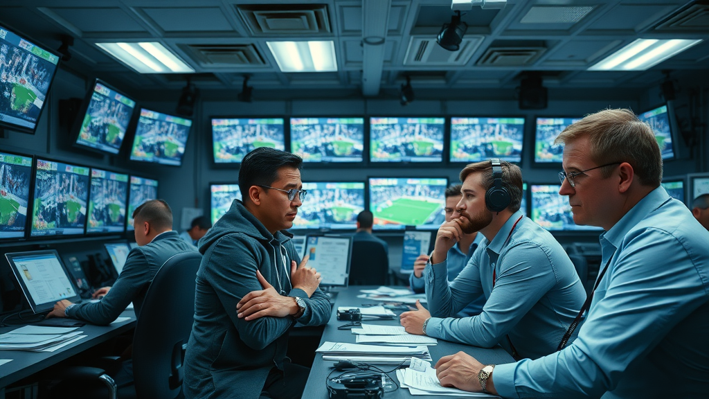 Qatar World Cup updates: diligent journalists at media center, analyzing live match feeds, bustling newsroom, blue-gray tones