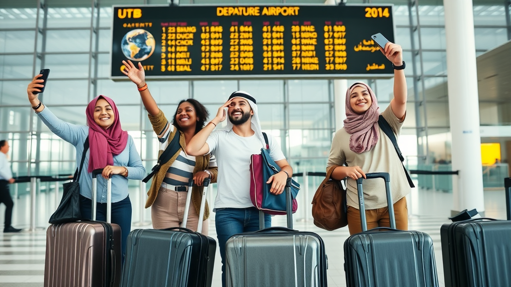 Excited travelers at Hamad International Airport, places to visit in Doha, glass windows and departure board