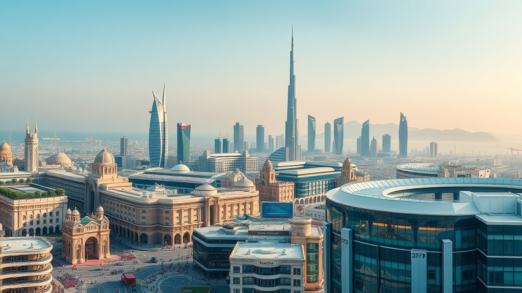 Modern panoramic skyline of Doha, Qatar, vibrant and bustling, showing diverse crowds and active business areas, photorealistic, highlighting qatar politics in action