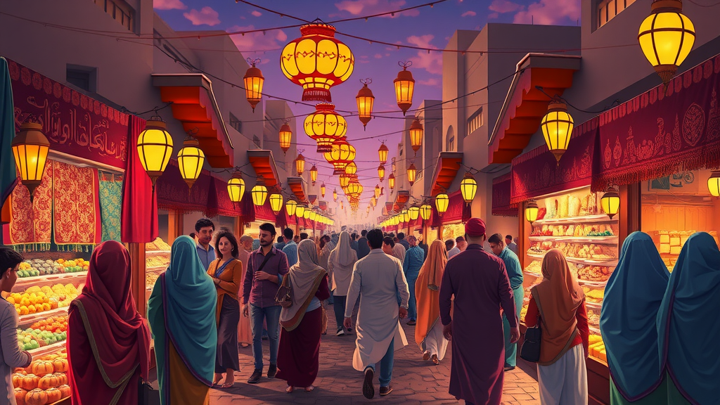 Colorful Souq Waqif market in the evening, lantern-lit with crowds enjoying outdoor stalls