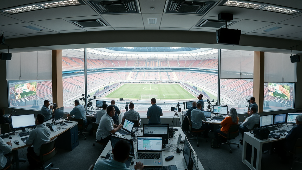 media center at Khalifa International Stadium; journalists covering Qatar sports news; live stats, glowing laptops, view of field