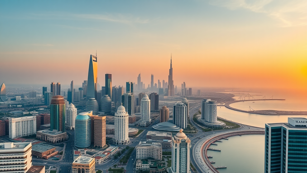 impressive Doha urban panorama, Qatar international relations, bustling international community, Corniche skyline