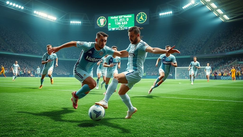dynamic football match in Qatar sports news; players in action, stadium, digital scoreboards; world cup coverage