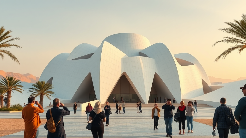 Striking exterior of the National Museum of Qatar, desert rose-inspired architecture, tourists taking photographs, museum of qatar, cultural heritage, palm trees