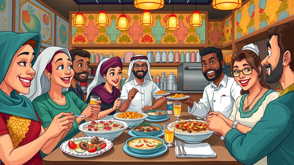 Colorful cartoon scene of a lively Qatari restaurant with guests sampling traditional dishes, vibrant wall art, and animated servers. Qatari cuisine doha travel guide qatar