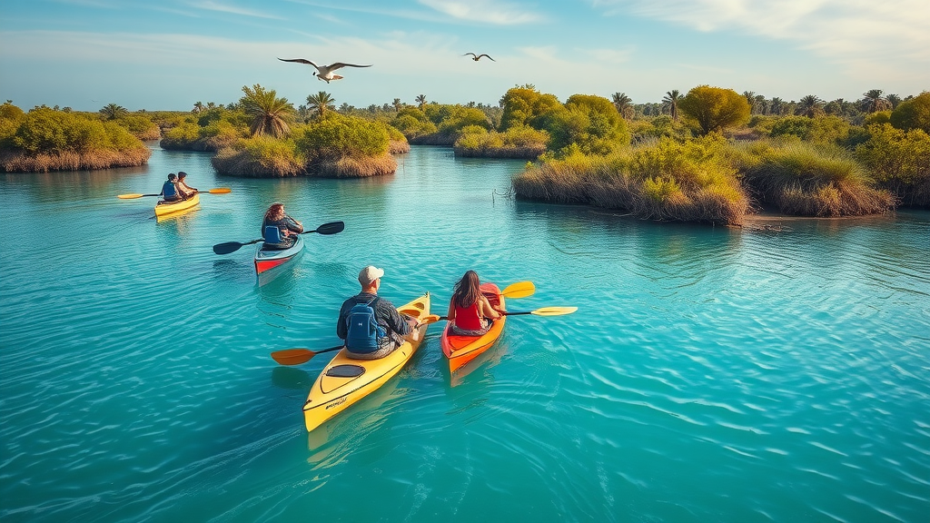 Al Thakira Mangroves kayaking, places to visit in Doha, birdwatching, lush green waters