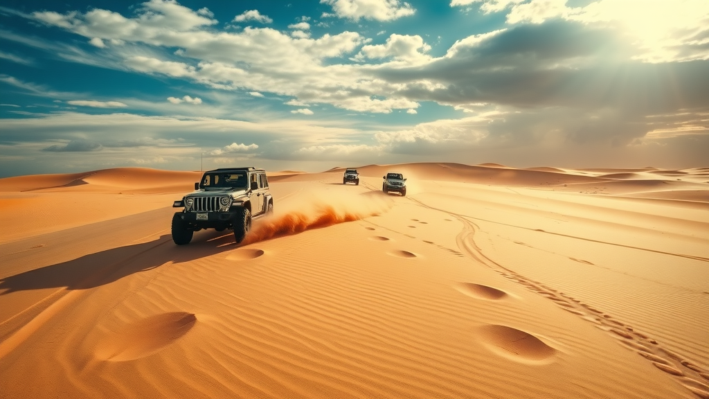 Off-road vehicles dune bashing across desert sand dunes near Doha with dramatic sunlight and blue sky