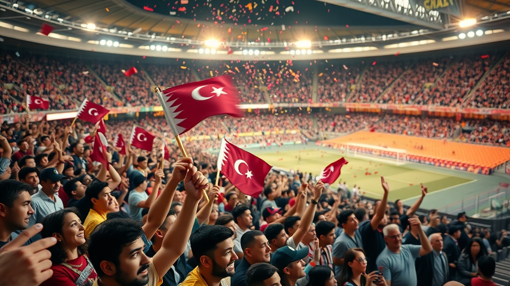 Qatar World Cup updates: vivid crowd in a packed stadium, excited expressions, fans waving flags, Doha skyline, highly detailed, vibrant colors, golden hour lighting