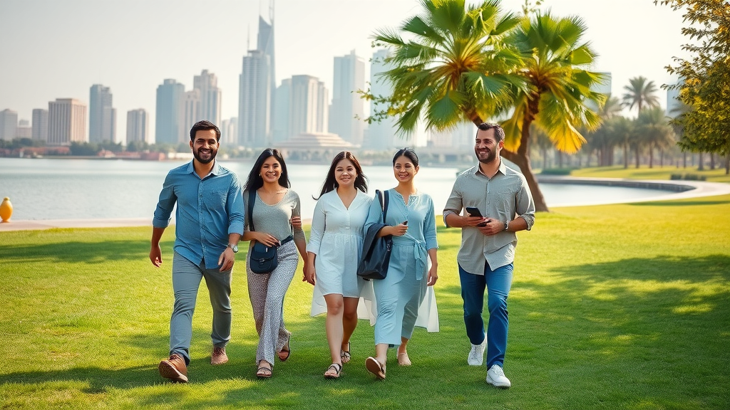 Serene MIA Park, relaxed families and solo travelers strolling with Doha skyline in background, lush park by waterfront