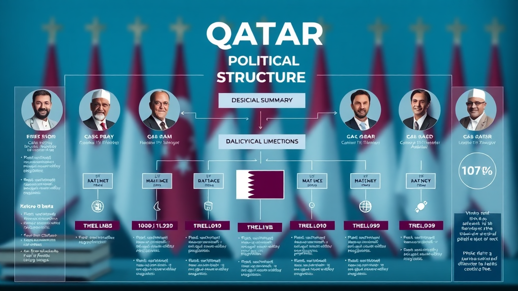 Infographic showing Qatar’s political structure, relationships among key figures, and major milestones in qatar politics