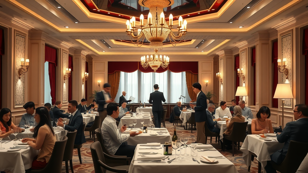 Elegant La Cigale Hotel restaurant interior fine dining, sophisticated guests, and gourmet cuisine doha dining and nightlife