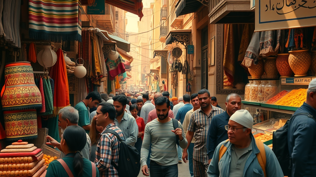 crowded doha souq waqif traditional market locals tourists browsing handicraft spice stalls colorful textiles and spices vendors shoppers