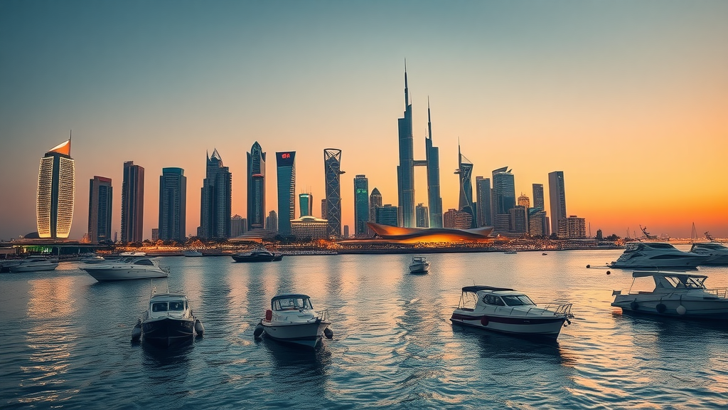 vibrant skyline of Doha at sunset, tranquil yet lively, harmony between modern architecture and traditional harbor boats, glittering skyscrapers reflected in Corniche waters, doha sightseeing