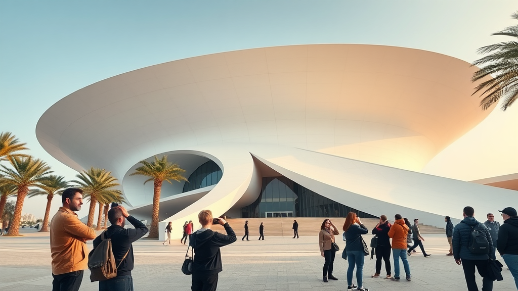 Futuristic sweeping architecture of the National Museum of Qatar with visitors admiring its desert-inspired design.