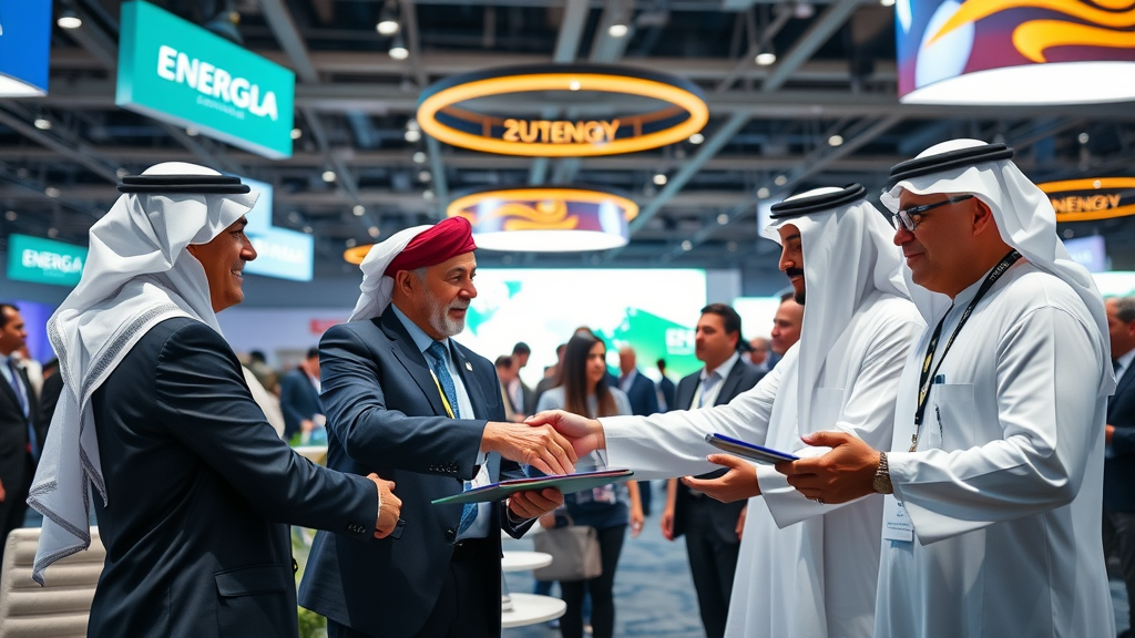 dynamic energy summit with Qatari officials and international partners exchanging agreements, energy diplomacy in Qatar international relations