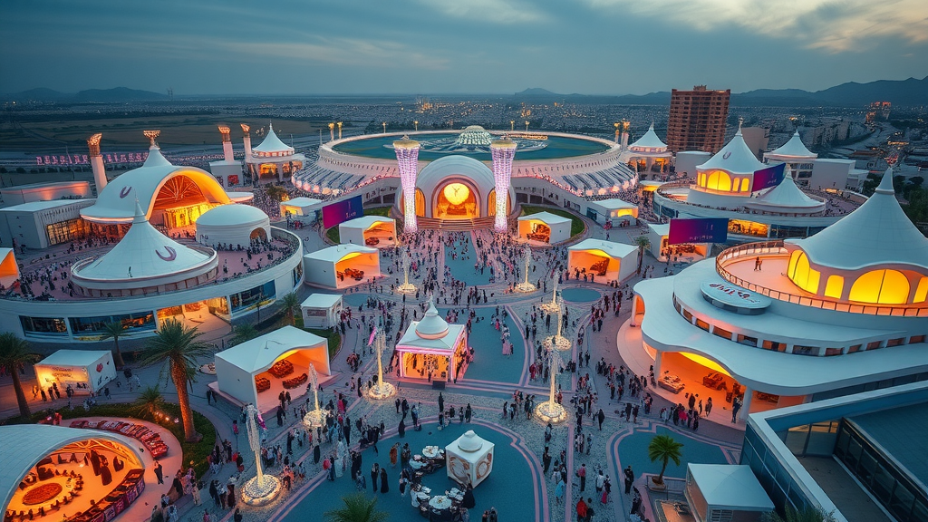 Futuristic aerial view of Katara Cultural Village in Doha with dynamic crowd, blend of modern and traditional architecture, festival lights, and art installations. katara cultural village doha travel guide
