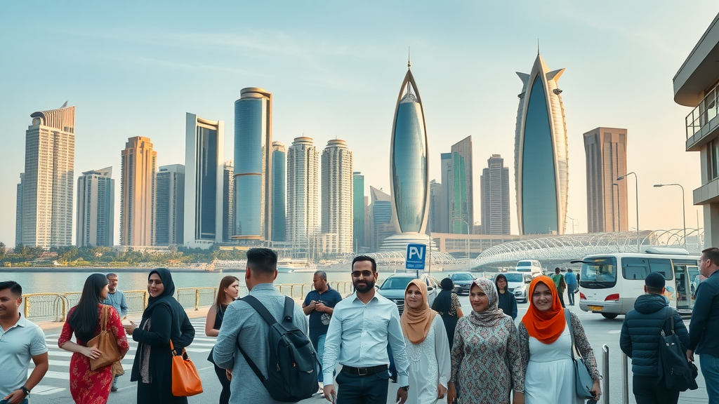 Vibrant Doha cityscape with modern skyscrapers, busy streets, and diverse people, iconic Corniche and skyline—Qatar current events in a dynamic urban setting