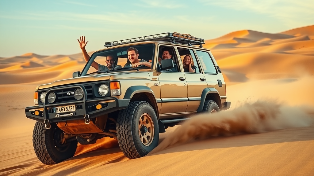 Thrilling 4x4 SUV performing dune bashing in Doha desert tours, travelers enjoying, sand being kicked up against stunning desert backdrop.