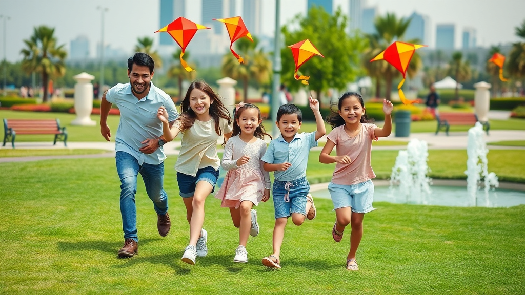 Aspire Park family fun, places to visit in Doha, kids flying kites, lush green park, city skyline