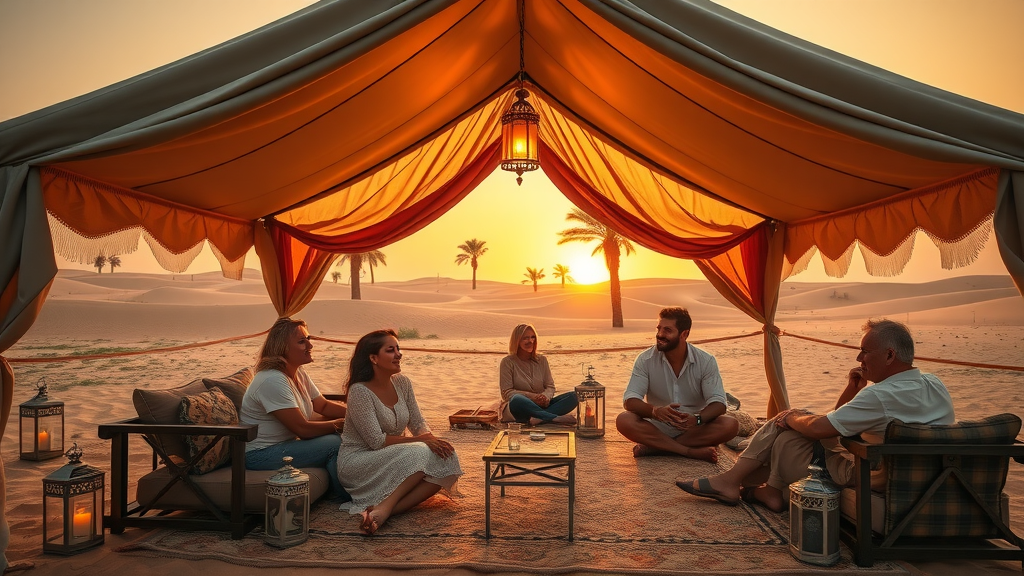Luxurious desert safari camp in Doha at sunset, families and couples relaxing in traditional tents, sand dunes and palm trees in the backdrop.