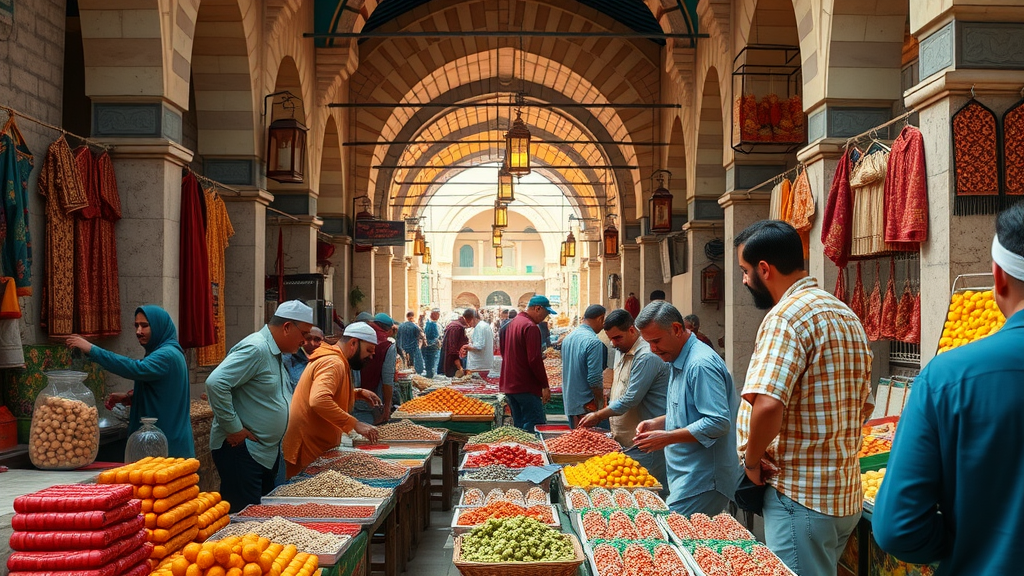 lively souq waqif traditional middle eastern market merchants arranging colorful products open-air bazaar stone arches hanging lanterns shoppers