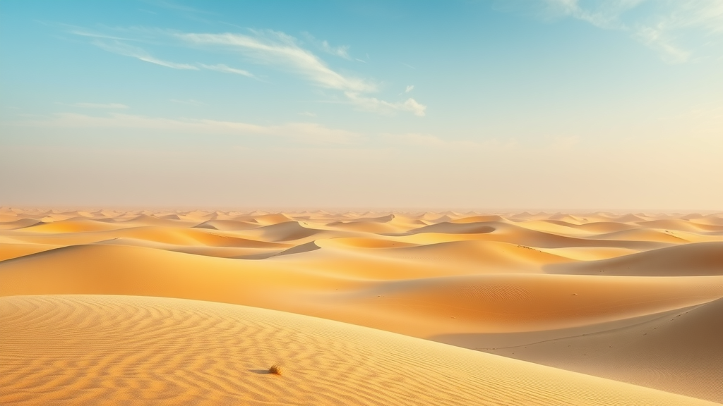 Stunning panoramic view of the Doha desert, golden sand dunes under a clear sky, peaceful undulating sands stretching into the horizon, highlighting Doha desert tours.