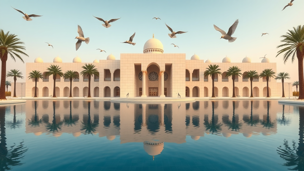 Exterior of the Museum of Islamic Art at sunrise in Doha with elegant geometric lines, tranquil waters, palm trees, and birds. museum of islamic art doha travel guide