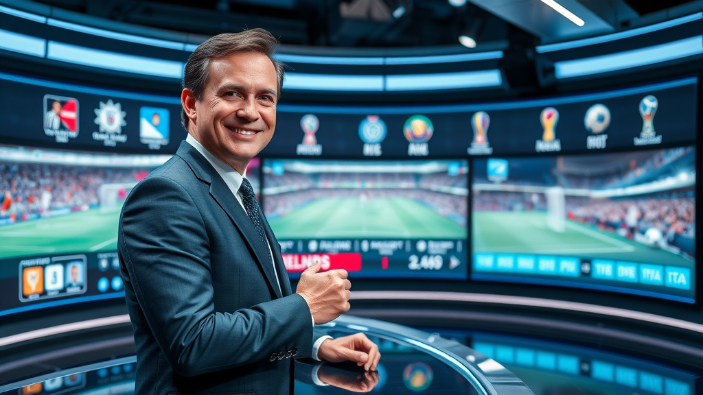futuristic Qatar sports news studio; anchor presenting updates; digital displays with world cup and super cup icons