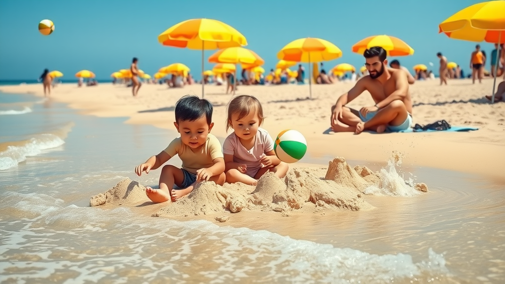 Vibrant family beach day at Katara Beach in Doha, children building sandcastles, gentle waves and colorful umbrellas.