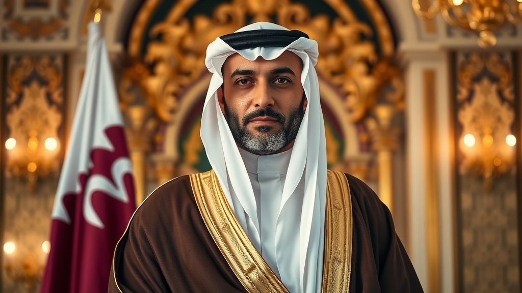 Elegant portrait of Sheikh Tamim bin Hamad Al Thani, resolute, in front of Qatar national flag, leader in qatar politics