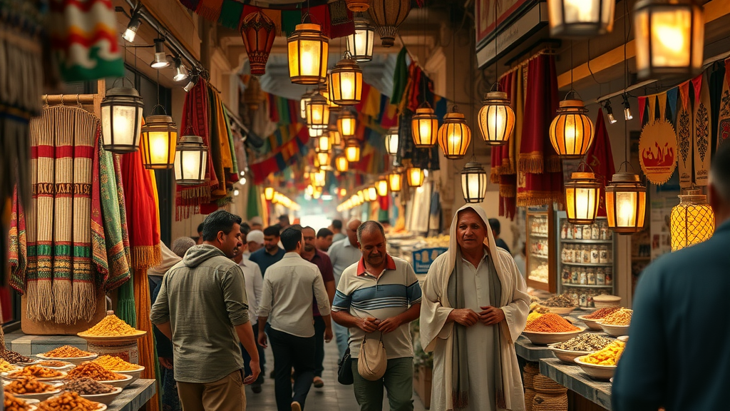 Souq Waqif Doha sightseeing market scene, vibrant lanterns, vendors, and lively visitors