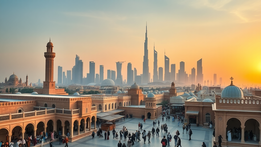 Vibrant panoramic cityscape of Doha blending historical architecture with modern skyscrapers, bustling souq in the foreground with futuristic skyline behind, people exploring heritage sites, cultural sites in doha, warm sunset light