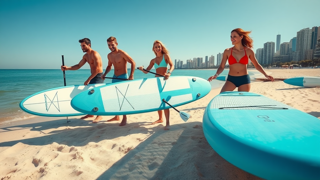 Friends preparing paddleboards on West Bay beach, Doha skyline in the background