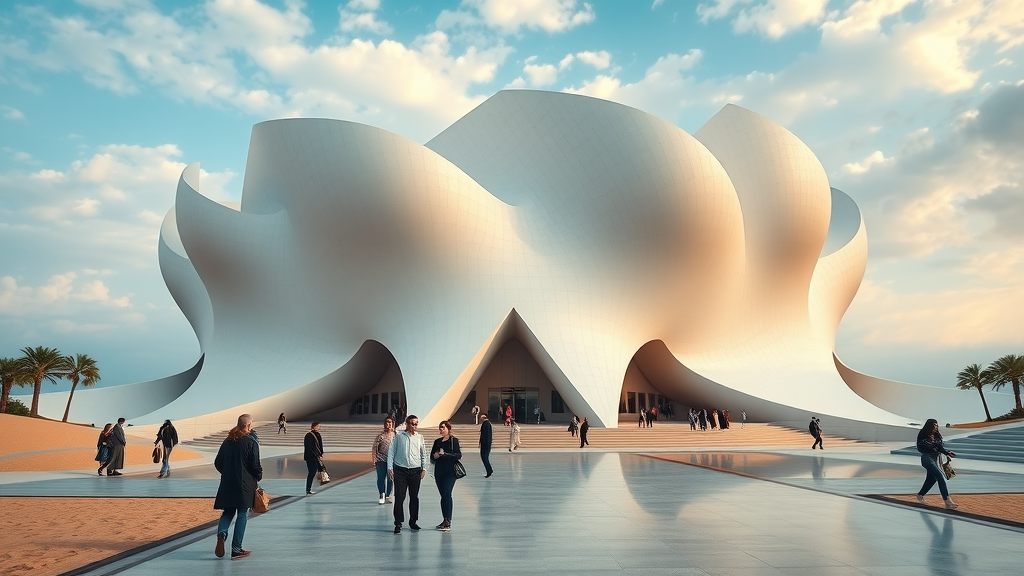 Stunning National Museum of Qatar with desert rose inspired modern architecture and tourists entering. national museum of qatar doha tourist attractions